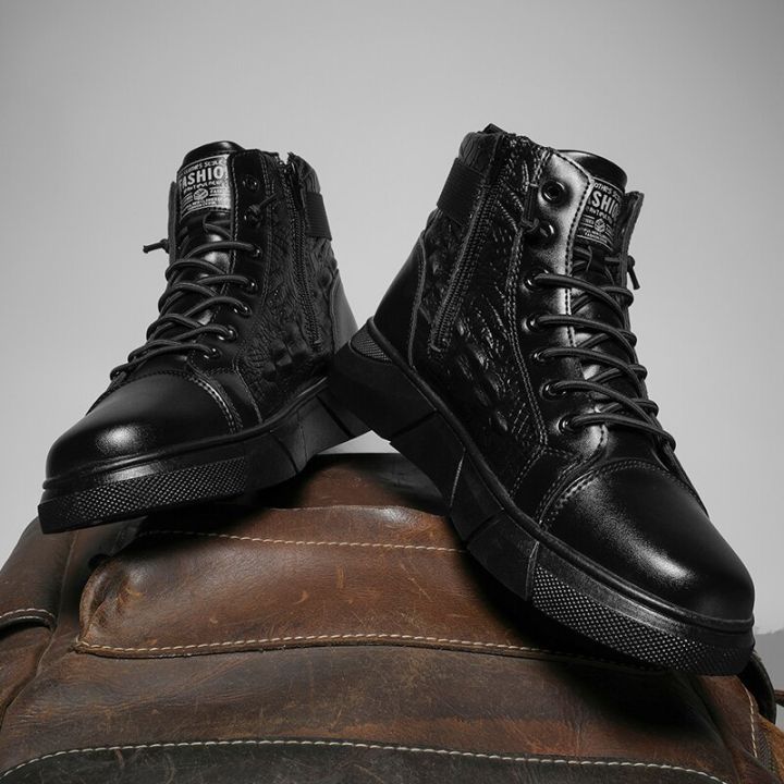 รองเท้ารองเท้าบู๊ทลำลองคุณภาพสูงหนัง-pu-แฟชั่นผู้ชาย-รองเท้าผ้าใบกลางแจ้งกันลื่นน้ำหนักเบารองเท้าวัลกาไนส์ยอดนิยมใหม่