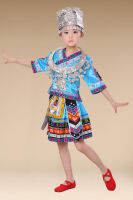 【cw】 Childrens Miao Costume Girls Yunnan Zhuang Costume Minority Dancing Dress Cucurbit Flute ！