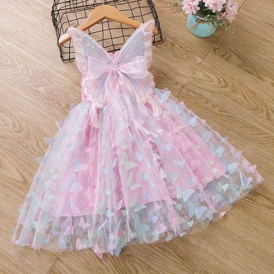 Baby Girls Butterfly Wings Fairy Gauze Princess Dress Lovely Kids Summer Sleeveless Tulle Dress Child Birthday Party Gown Dress