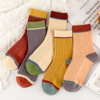 5Pairs Striped Women Socks Harajuku Retro Solid Color Mid-tube Socks Autumn Winter Breathable Sweat-absorbent Sock for Women Socks