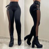 【cw】 Pants Waist Buckled Mesh Color Streetwear Ankle Length Ladies Tight Trousers Leggings ！