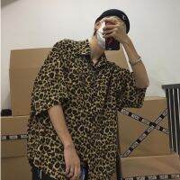 LASGO Internet celebrity ruffian handsome shirt male Harajuku port trend brand summer style retro street leopard print couple loose top