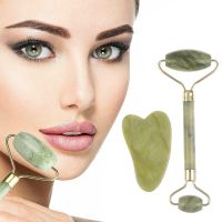 2 in 1 Green Roller and Gua Sha Tools Set by Natural Jade Scraper Massager Eye Face Neck Thin Lift Relax Slimming Tools