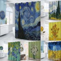 Van Gogh Starry Night Shower Curtain Oil Painting Abstract Art Blue Sky White Cloud Star Moon Scenery Bathroom Decor with Hooks