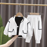 autumn new childrens solid color letter suit boys long-sleeved cardigan trousers three-piece baby leisure sports suit