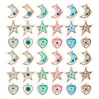 36Pcs 18 Style Alloy Enamel Pendants Golden Heart &amp; Moon &amp; Star with Evil Eye Pattern Mixed Color 18-28.5x16-24x2-3mm Hole: 1.5-1.6mm 2pcs/style