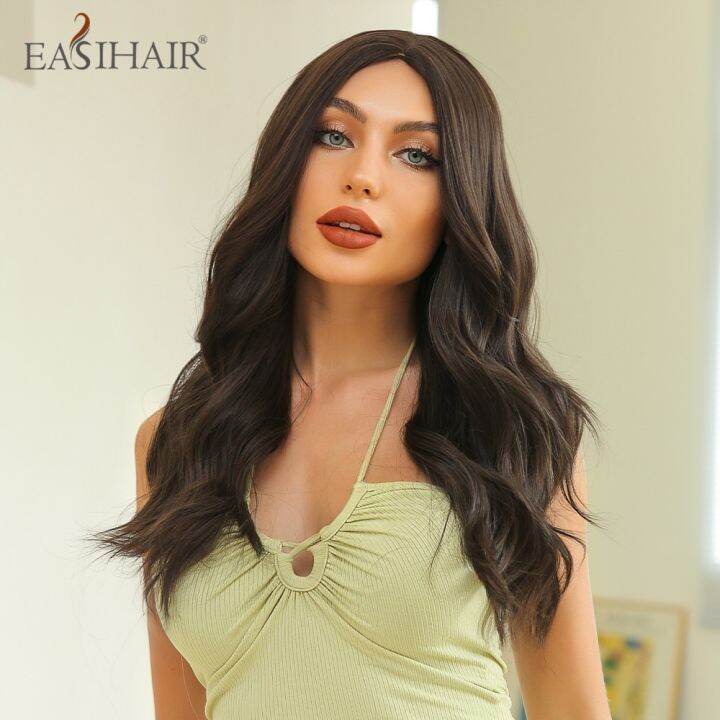 easihair-ยาวหยักศกสังเคราะห์สีดำสีน้ำตาลเข้มวิกผมตรงส่วนตรงกลางสำหรับผู้หญิงทุกวันคอสเพลย์ปาร์ตี้ทนความร้อน