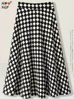 【CC】►☑  Checkerboard Size 5xl Umbrella Skirt Elastic Waist A-line Pleated All-match Skirts