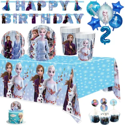 Frozen 2 Anna Elsa Party Supplies Disposable Tableware Cup Plate Cake Toppers For Kids Birthday Party Baby Shower Decorations