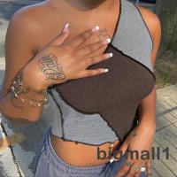 BIGMALL-Women´s y One Shoulder Casual Long Sleeve Plain Stretchy Ribbed Knit Crop Tops