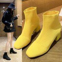 COD dsdgfhgfsdsss Ready Stock New Design Korean Womens Square Toe Thick Heel Flying Knit Elastic Stockings Fashion Short Martin Boots