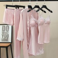 5PCS Silk Sleepwear Set Lady Pajamas Suit Nighty&amp;Robe Suit y Intimate Lingerie Casual Bridal Wedding Gift Homewear Nightgown Nightwear Pajama