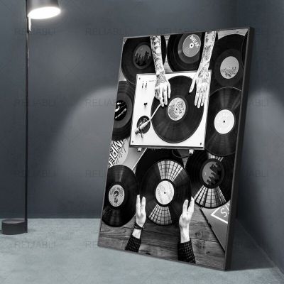 Vintage Nordic Black And White Wall Art For Living Room Decor - Vinyl Records Lovers ภาพวาดผ้าใบและพิมพ์