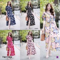 BG11964 Maxi Dress เดรสเชิ้ตยาวติดกระดุมด้านหน้าเปิดได้ แขนยาว เนื้อผ้าไหมญี่ปุ่นลายดอกเมกโก๊ะ ลายคมชัด มีเชือกผูกเอว