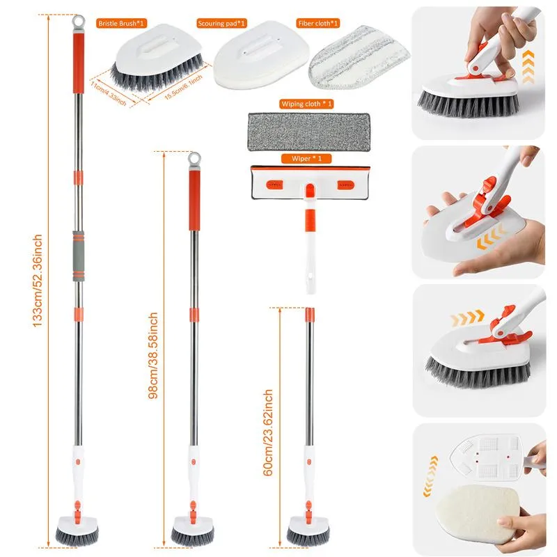 Multi functional stretchable grip rod, long handle, large floor gap brush,  toilet bathroom tile, hard bristle triangular cleaning brush (1 pole+1 hard  bristle brush+2 cleaning cloth+1 fiber cloth)