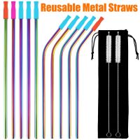 New 10 Pcs Stainless Steel Straws Reusable Drinking Straws Colorful Curved Straight Straws with Cleaning Brush Storage Bag and Specialty Glassware