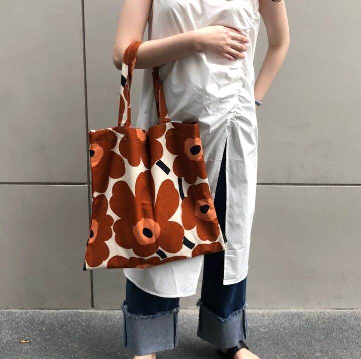 ใหม่ล่าสุด-รุ่นผ้าหนา-กระเป๋า-marimekko-ของแท้100-tote-bag-ดอกสีน้ำตาล-chestnut-you-nikko-กระเป๋าแฟชั่น-ถุงผ้า-กระเป๋าผ้า-กระเป๋าเกาหลี