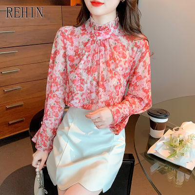 REHIN ผู้หญิงเสื้อแขนยาวฤดูใบไม้ร่วงออกแบบใหม่ Niche สีชมพู Charming ดอกไม้ทรัมเป็ตแขนคอสูงผ้าไหมหม่อน Elegant เสื้อ
