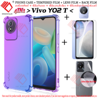 (4ใน1) สำหรับ VIVO Y02T สี่มุมเคสโทรศัพท์กันกระแทก + ฟิล์มกระจกนิรภัยแบบเต็มจอภาพ + ฟิล์มเลนส์กล้อง + คาร์บอนไฟเบอร์ฟิล์มด้านหลัง Y02T VIVO เคสโทรศัพท์