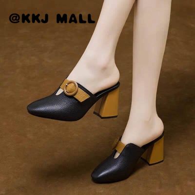 KKJ MALL Womens Shoes 2022 Summer New Baotou Slippers Womens Medium-heeled Thick-heeled Sandals British Fashion Belt Buckle Womens Slippers