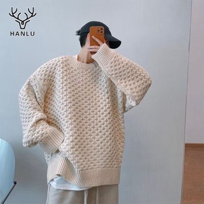 ▣◊ hnf531 Hanlu mens retro long sleeve sweater fashion brand loose thick knitted sweater Mens three-dimensional knitted mens long sleeves Honeycomb knitting pattern with coin pattern