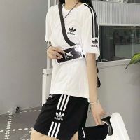 Adidaseมัฟฟินเสื้อยืดคอกลมแขนสั้นผ้าฝ้ายสำหรับผู้หญิง,เสื้อยืดคอกลมสำหรับใส่ในฤดูร้อนกางเกงวิ่งลำลองชุดสองชิ้น