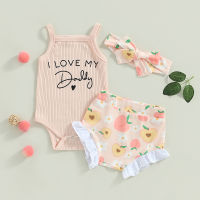 Citgeett Summer Infant Baby Girls Outfit Sets Sleeveless Letter Print Romper + Peach Print Shorts + Headband Clothes  by Hs2023