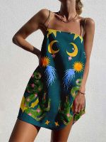 HOT★Printed Beach Mini Dress Women Spaghetti Straps Backless Loose A-line Summer Dresses 2023 Sleeveless Vacation Vestidos Hot