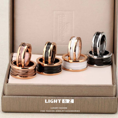 LIGHT &amp; Z แหวนเซรามิกสีดำสำหรับผู้ชายและผู้หญิงแหวนเกลียวเงิน925แหวนสปริงสุดหรูแหวนคู่เพชรเหล็กไทเทเนียม