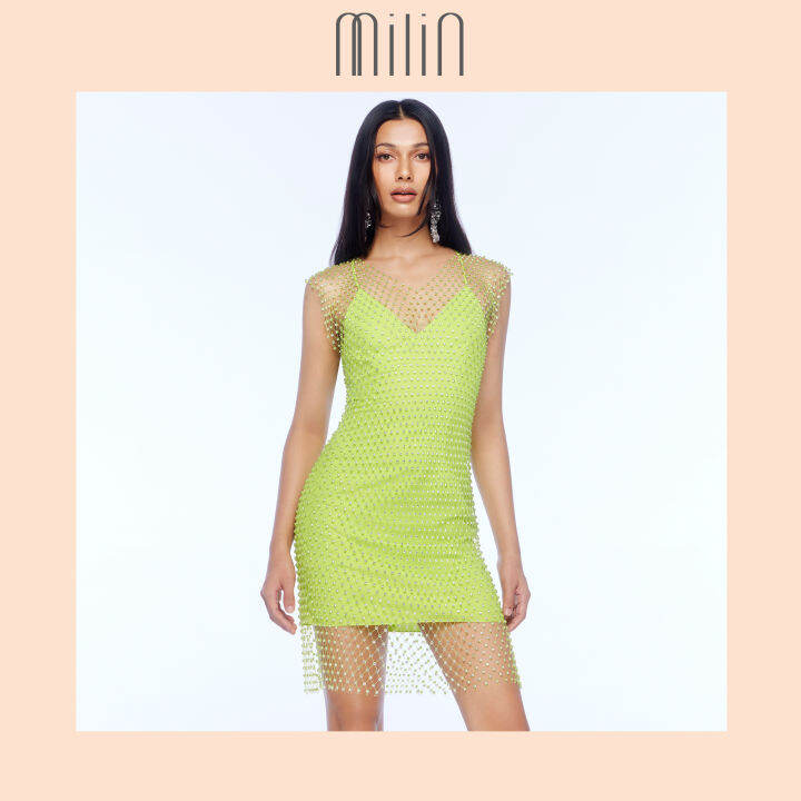 milin-crystal-netted-mesh-overlay-mini-dress-with-v-neckline-เดรสสั้นคล้องคอ-คอวี-แต่งทับด้วยเดรสตาข่าย-แต่งคริสตัล-avalon-dress-สีชมพู-สีขาว-สีดำ-pink-white-black