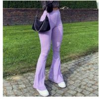 2021 Women Flare Pants Ribbed Knitted Slim Elastic High Waist Long Trousers Ladies Purple Sweatpants Female Vintage Clothing