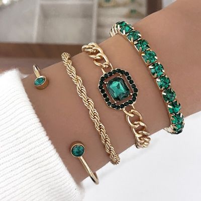 4 Pcs/set Vintage Snake Bracelets Anklet for Women Gold Plated Geometric Luxury Green Crystal Lady Cuff Chains Jewelry
