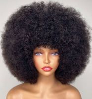 ปุย Afro Kinky CURLY วิกผมหนา Bangs ธรรมชาติสั้น BOB วิกผมสำหรับผู้หญิงสีดำ 180% ความหนาแน่นเต็มเครื่องผม-Kuosie