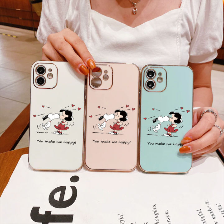 serpens-สำหรับ-oppo-a59-f1s-ฟรีสายคล้องการ์ตูนสนูปี้เคสโทรศัพท์เคสลายขอบสี่เหลี่ยมชุบหรูหราเคสโทรศัพท์นิ่ม