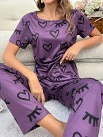 geegostudio Heart Print Pajama Set, Short Sleeve Round Neck Top &amp; Elastic Waistband Pants, Womens Sleepwear &amp; Loungewear