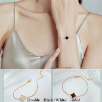 โคลเวอร์สี่แฉกสีดำ/สีเปลือกสร้อยข้อมือเหล็กสแตนเลสสองด้าน Gelang Rose Gold โชคดีสง่างามเกาหลี