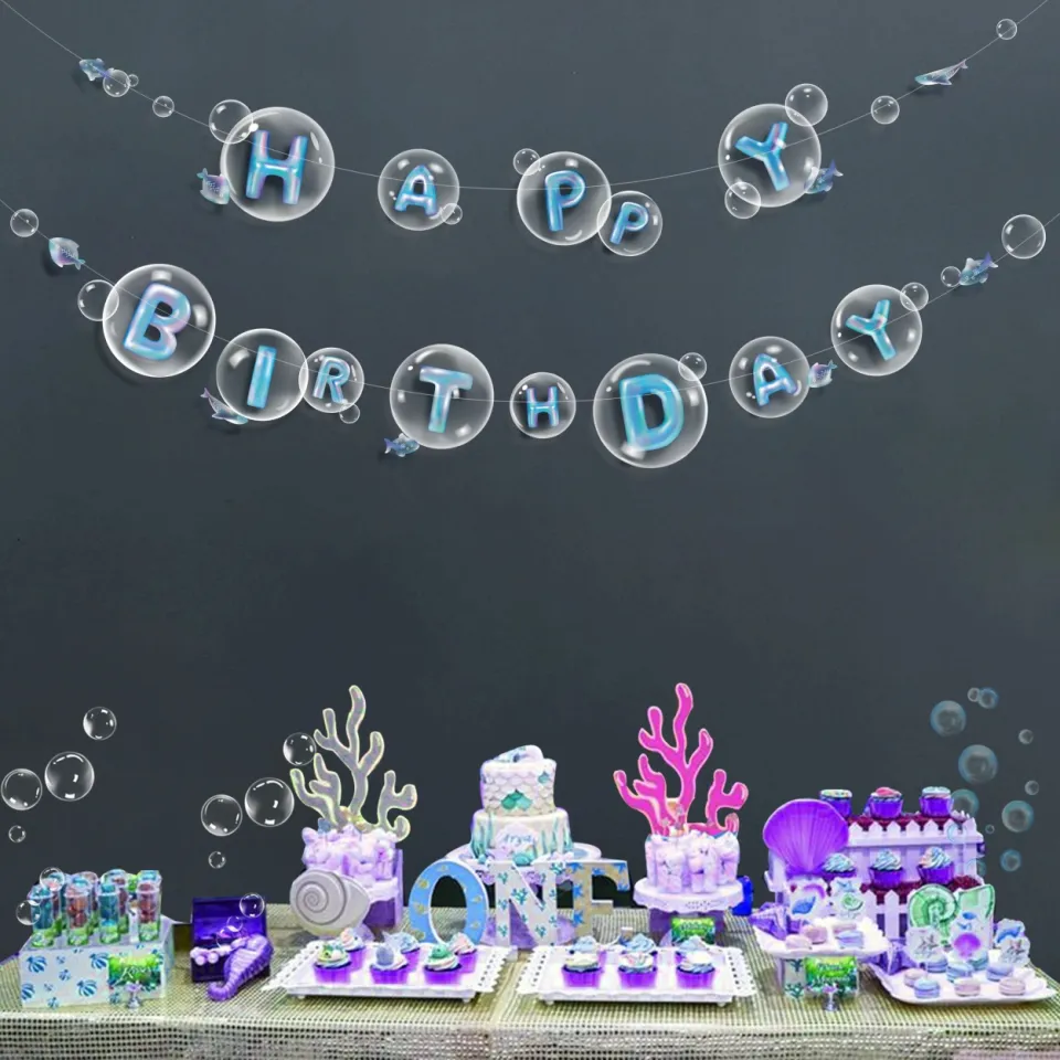 ☞ Transparent Mermaid Girls Happy Birthday Banner Under the Sea