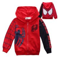 เสื้อกันหนาวเด็กผู้ชาย Spiderman ลายตัวหนังสือ เสื้อฮู้ดแขนยาว การ์ตูน เสื้อโค้ทเด็ก