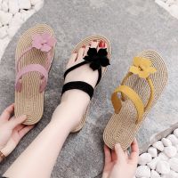 2023 imitation hemp straw tourism bottom women sandals Han outside rubber flat beach with female flower slippers