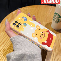 JIUMOO เคสสำหรับ OPPO A15 A15s A35 4G ลายการ์ตูนหมีน้ำผึ้งใหม่กรอบสี่เหลี่ยมพื้นผิวเคสชุบซิลิกาเจลนิ่มกันกระแทกเคสมือถือฝาครอบป้องกันเลนส์กล้องถ่ายรูป