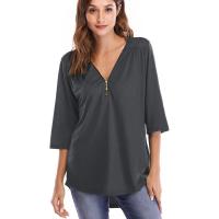 New Autumn Winter Womens Half Sleeve Plus Size Loose Deep V Neck Irregular Hem T Shirts Femme Splice Zipper Casual Tops Blouses