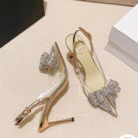 【 Cw】pointed Toe รองเท้าส้นสูงหญิง Stiletto 2022ใหม่ Bow Rhinestone เซ็กซี่เพื่อนเจ้าสาวเจ้าสาวงานแต่งงานแฟชั่นรองเท้าแตะผู้หญิง