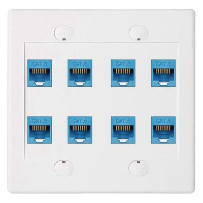 Ethernet Wall Plate 8 Port - Double Gang Cat6 RJ45 Keystone Jack Network Cable Faceplate Female to Female - Blue