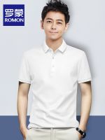 เสื้อยืด Romon เสื้อโปโลผู้ชายแขนสั้นสีขาวล้วนลำลองเรียบง่ายเสื้อยืดผ้าฝ้ายถักคอปกแขนยาวเสื้อยืดคอปก