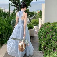 Blue grid chiffon v-neck condole hang neck dress new French fairy seaside holiday long skirt in summer