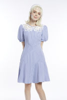 EP เดรสลายทางแต่งคอปกผ้าลูกไม้ ผู้หญิง สีฟ้า | Lace Collar Stripe Dress | 0811