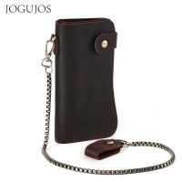 JOGUJOS RFID Crazy Horse Leather Men Wallet with Anti Theft Chain Vintage Long Wallet Card Holders Male Credit Card Clutch