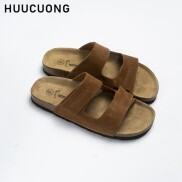 Dép nam HuuCuong dập chỉ da bò nâu đế trấu handmade