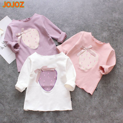 JOJOZ เสื้อยืดแขนยาวเด็กผู้หญิงลายการ์ตูนสตรอเบอร์รี่,เสื้อผูกโบว์ปักลายการ์ตูนสำหรับเด็กอายุ3-8ปี