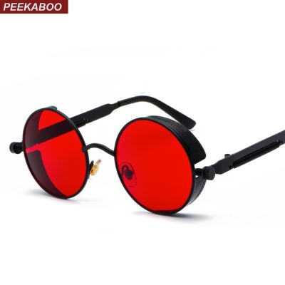 Peekaboo metal round steampunk sunglasses men women fashion summer 2019 pink blue yellow red round sun glasses for women unisex